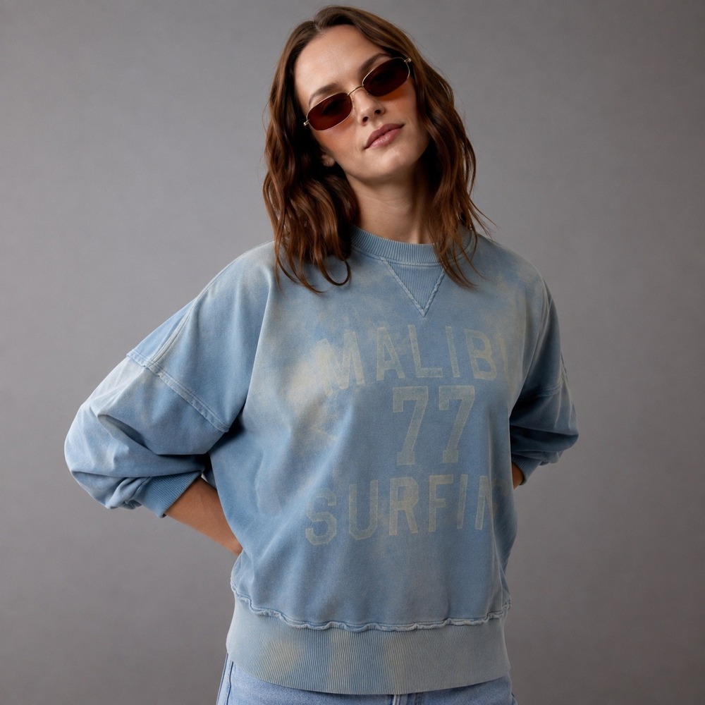 American Eagle Malibu 77 Surfing Sweatshirt Womens Size M Blue Acid Wash Graphic
